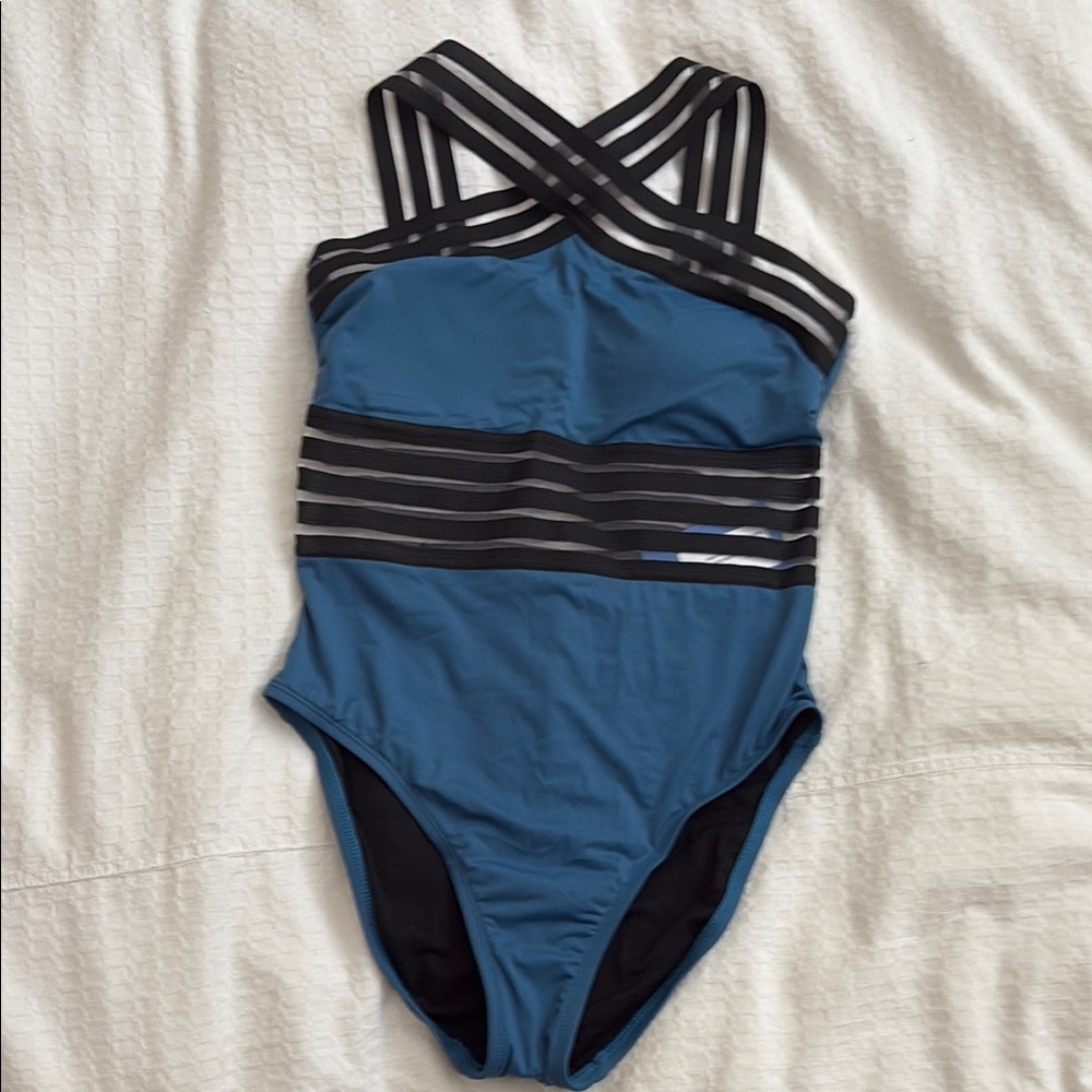 Sporty Blue and Black One Piece Swimsuit with Strappy Neckline